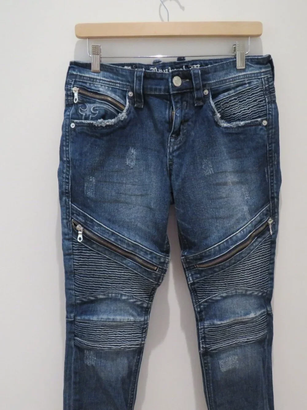 ROCK REVIVAL Daviday Moto Stretch Distressed Jeans Blue Denim Size 29 Western